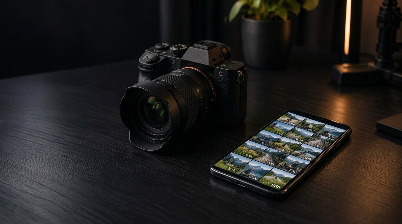 Fotocamera mirrorless e smartphone appoggiato in piano su una scrivania scura: una galleria di video di vacanze tra piste ciclabili, montagne e prati